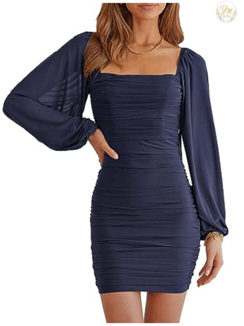 Square Neck Long Sleeve Bodycon Mini Dress Mesh Ruched